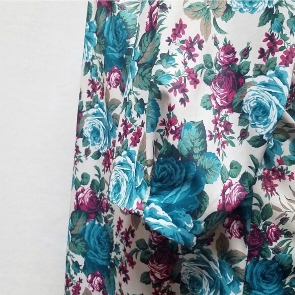 80s Vintage Classic Apparel Teal Cabbage Rose Pleated Quarter Sleeve Midi Dress - Picture 9 of 15